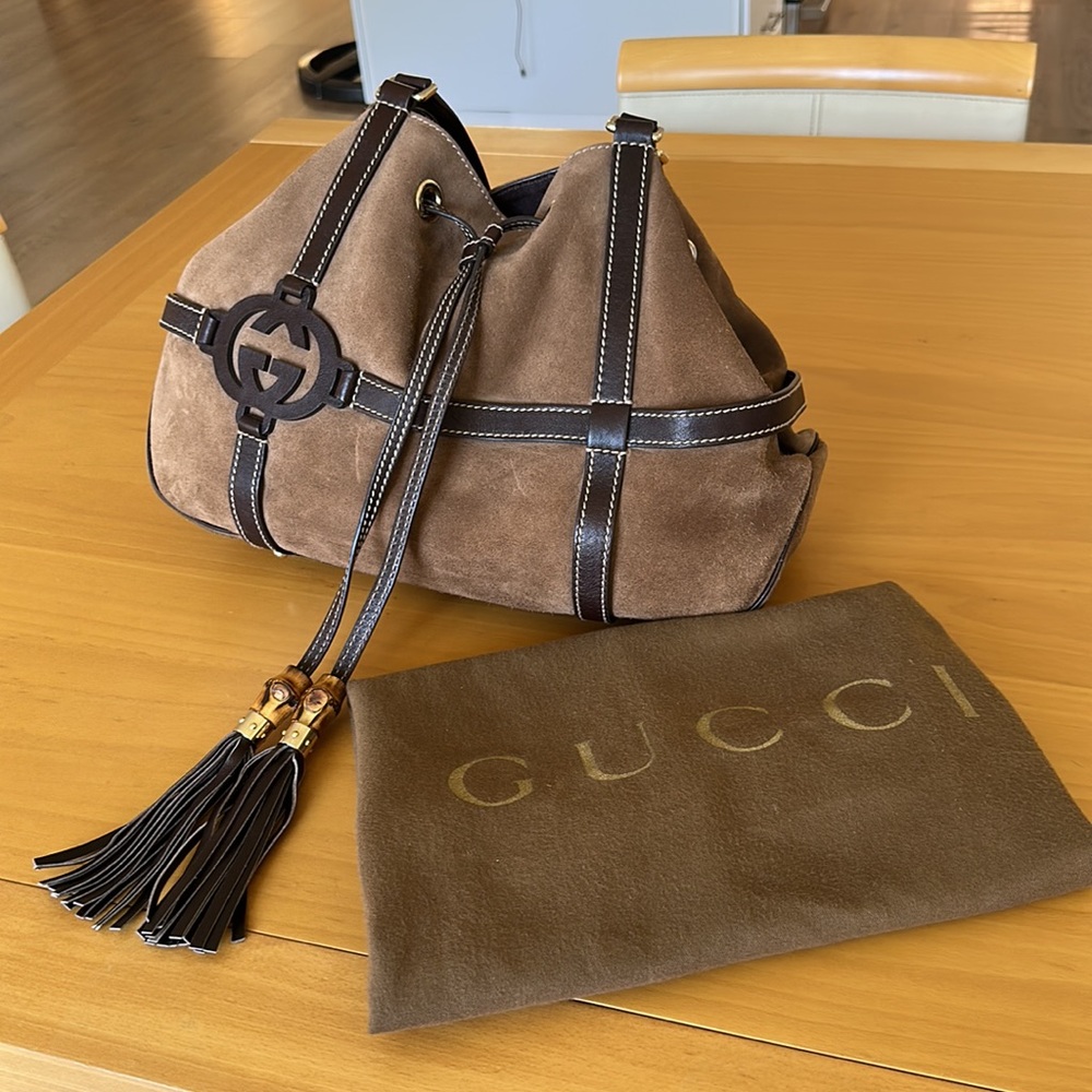Gucci Royal Suede Tote Bag with Leather and Bamboo Details